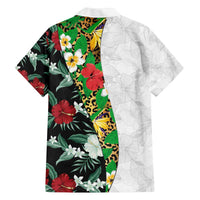 Hawaiian Tropical Flowers and Leaves Family Matching Off The Shoulder Long Sleeve Dress and Hawaiian Shirt on Leopard Pattern Half Style White-Black Version LT03 - Polynesian Pride