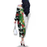 Hawaiian Tropical Flowers and Leaves Family Matching Off The Shoulder Long Sleeve Dress and Hawaiian Shirt on Leopard Pattern Half Style White-Black Version LT03 - Polynesian Pride