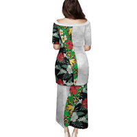 Hawaiian Tropical Flowers and Leaves Family Matching Puletasi and Hawaiian Shirt on Leopard Pattern Half Style White-Black Version - Polynesian Pride