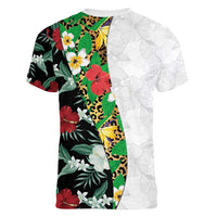 Hawaiian Tropical Flowers and Leaves Women V-Neck T-Shirt on Leopard Pattern Half Style White-Black Version - Polynesian Pride