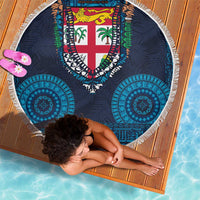 Fiji Coat of Arms Traditional Dashiki Beach Blanket Tapa Art and Palm Leaves Pattern Dark Navy Color LT03 - Polynesian Pride