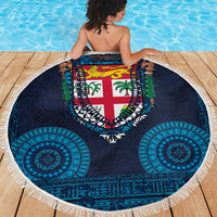 Fiji Coat of Arms Traditional Dashiki Beach Blanket Tapa Art and Palm Leaves Pattern Dark Navy Color LT03 - Polynesian Pride