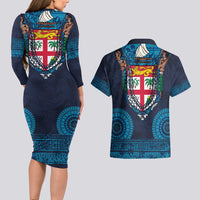 Fiji Coat of Arms Traditional Dashiki Couples Matching Long Sleeve Bodycon Dress and Hawaiian Shirt Tapa Art and Palm Leaves Pattern Dark Navy Color LT03 - Polynesian Pride