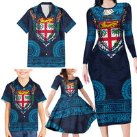 Fiji Coat of Arms Traditional Dashiki Family Matching Long Sleeve Bodycon Dress and Hawaiian Shirt Tapa Art and Palm Leaves Pattern Dark Navy Color LT03 - Polynesian Pride