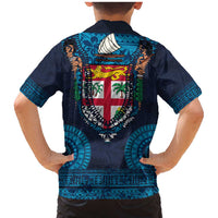Fiji Coat of Arms Traditional Dashiki Family Matching Mermaid Dress and Hawaiian Shirt Tapa Art and Palm Leaves Pattern Dark Navy Color LT03 - Polynesian Pride