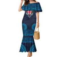 Fiji Coat of Arms Traditional Dashiki Family Matching Mermaid Dress and Hawaiian Shirt Tapa Art and Palm Leaves Pattern Dark Navy Color LT03 Mom's Dress Navy - Polynesian Pride