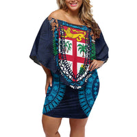Fiji Coat of Arms Traditional Dashiki Family Matching Off Shoulder Short Dress and Hawaiian Shirt Tapa Art and Palm Leaves Pattern Dark Navy Color LT03 Mom's Dress Navy - Polynesian Pride
