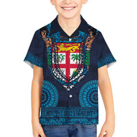 Fiji Coat of Arms Traditional Dashiki Family Matching Short Sleeve Bodycon Dress and Hawaiian Shirt Tapa Art and Palm Leaves Pattern Dark Navy Color LT03 Son's Shirt Navy - Polynesian Pride