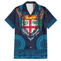 Fiji Coat of Arms Traditional Dashiki Family Matching Summer Maxi Dress and Hawaiian Shirt Tapa Art and Palm Leaves Pattern Dark Navy Color LT03 Dad's Shirt - Short Sleeve Navy - Polynesian Pride