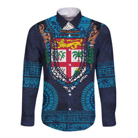 Fiji Coat of Arms Traditional Dashiki Long Sleeve Button Shirt Tapa Art and Palm Leaves Pattern Dark Navy Color - Polynesian Pride