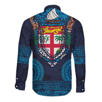 Fiji Coat of Arms Traditional Dashiki Long Sleeve Button Shirt Tapa Art and Palm Leaves Pattern Dark Navy Color - Polynesian Pride