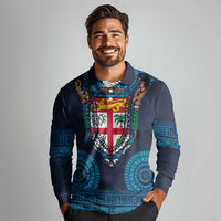 Fiji Coat of Arms Traditional Dashiki Long Sleeve Polo Shirt Tapa Art and Palm Leaves Pattern Dark Navy Color - Polynesian Pride