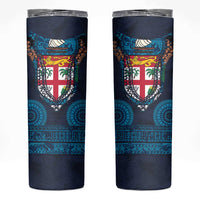 Fiji Coat of Arms Traditional Dashiki Skinny Tumbler Tapa Art and Palm Leaves Pattern Dark Navy Color LT03 Navy - Polynesian Pride