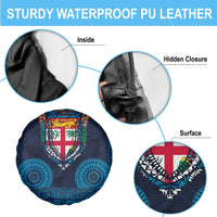 Fiji Coat of Arms Traditional Dashiki Spare Tire Cover Tapa Art and Palm Leaves Pattern Dark Navy Color - Polynesian Pride