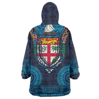 Fiji Coat of Arms Traditional Dashiki Wearable Blanket Hoodie Tapa Art and Palm Leaves Pattern Dark Navy Color LT03 - Polynesian Pride
