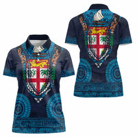Fiji Coat of Arms Traditional Dashiki Women Polo Shirt Tapa Art and Palm Leaves Pattern Dark Navy Color LT03 - Polynesian Pride