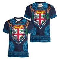 Fiji Coat of Arms Traditional Dashiki Women V-Neck T-Shirt Tapa Art and Palm Leaves Pattern Dark Navy Color - Polynesian Pride