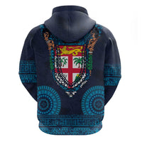 Fiji Coat of Arms Traditional Dashiki Zip Hoodie Tapa Art and Palm Leaves Pattern Dark Navy Color - Polynesian Pride