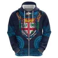 Fiji Coat of Arms Traditional Dashiki Zip Hoodie Tapa Art and Palm Leaves Pattern Dark Navy Color - Polynesian Pride