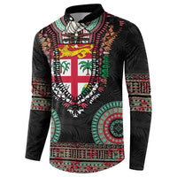 Fiji Coat of Arms Traditional Dashiki Button Sweatshirt Tapa Art and Palm Leaves Pattern Black Color - Polynesian Pride