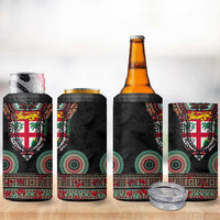 Fiji Coat of Arms Traditional Dashiki 4 in 1 Can Cooler Tumbler Tapa Art and Palm Leaves Pattern Black Color LT03 - Polynesian Pride