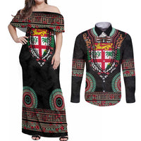 Fiji Coat of Arms Traditional Dashiki Couples Matching Off Shoulder Maxi Dress and Long Sleeve Button Shirt Tapa Art and Palm Leaves Pattern Black Color LT03 Black - Polynesian Pride