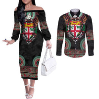 Fiji Coat of Arms Traditional Dashiki Couples Matching Off The Shoulder Long Sleeve Dress and Long Sleeve Button Shirt Tapa Art and Palm Leaves Pattern Black Color LT03 Black - Polynesian Pride