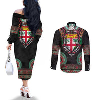 Fiji Coat of Arms Traditional Dashiki Couples Matching Off The Shoulder Long Sleeve Dress and Long Sleeve Button Shirt Tapa Art and Palm Leaves Pattern Black Color LT03 - Polynesian Pride