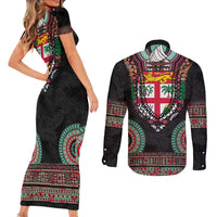 Fiji Coat of Arms Traditional Dashiki Couples Matching Short Sleeve Bodycon Dress and Long Sleeve Button Shirt Tapa Art and Palm Leaves Pattern Black Color LT03 - Polynesian Pride