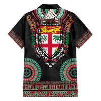 Fiji Coat of Arms Traditional Dashiki Family Matching Off The Shoulder Long Sleeve Dress and Hawaiian Shirt Tapa Art and Palm Leaves Pattern Black Color - Polynesian Pride