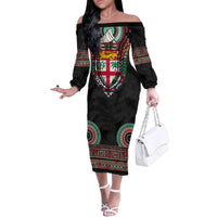 Fiji Coat of Arms Traditional Dashiki Family Matching Off The Shoulder Long Sleeve Dress and Hawaiian Shirt Tapa Art and Palm Leaves Pattern Black Color - Polynesian Pride