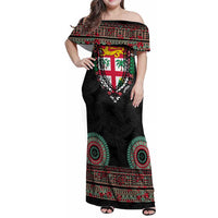 Fiji Coat of Arms Traditional Dashiki Family Matching Off Shoulder Maxi Dress and Hawaiian Shirt Tapa Art and Palm Leaves Pattern Black Color LT03 Mom's Dress Black - Polynesian Pride
