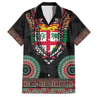 Fiji Coat of Arms Traditional Dashiki Family Matching Off Shoulder Short Dress and Hawaiian Shirt Tapa Art and Palm Leaves Pattern Black Color LT03 Dad's Shirt - Short Sleeve Black - Polynesian Pride