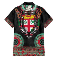 Fiji Coat of Arms Traditional Dashiki Family Matching Puletasi and Hawaiian Shirt Tapa Art and Palm Leaves Pattern Black Color - Polynesian Pride