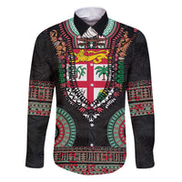 Fiji Coat of Arms Traditional Dashiki Family Matching Puletasi and Hawaiian Shirt Tapa Art and Palm Leaves Pattern Black Color - Polynesian Pride