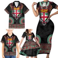 Fiji Coat of Arms Traditional Dashiki Family Matching Short Sleeve Bodycon Dress and Hawaiian Shirt Tapa Art and Palm Leaves Pattern Black Color LT03 - Polynesian Pride