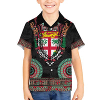 Fiji Coat of Arms Traditional Dashiki Family Matching Tank Maxi Dress and Hawaiian Shirt Tapa Art and Palm Leaves Pattern Black Color LT03 Son's Shirt Black - Polynesian Pride