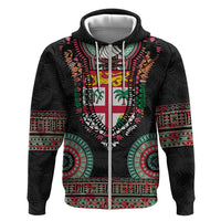 Fiji Coat of Arms Traditional Dashiki Hoodie Tapa Art and Palm Leaves Pattern Black Color - Polynesian Pride