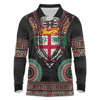 Fiji Coat of Arms Traditional Dashiki Long Sleeve Polo Shirt Tapa Art and Palm Leaves Pattern Black Color - Polynesian Pride