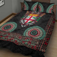 Fiji Coat of Arms Traditional Dashiki Quilt Bed Set Tapa Art and Palm Leaves Pattern Black Color - Polynesian Pride