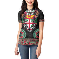 Fiji Coat of Arms Traditional Dashiki Women Polo Shirt Tapa Art and Palm Leaves Pattern Black Color LT03 - Polynesian Pride