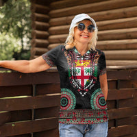 Fiji Coat of Arms Traditional Dashiki Women Polo Shirt Tapa Art and Palm Leaves Pattern Black Color LT03 - Polynesian Pride