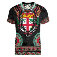 Fiji Coat of Arms Traditional Dashiki Women V-Neck T-Shirt Tapa Art and Palm Leaves Pattern Black Color LT03 - Polynesian Pride