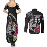 Custom Polynesian Fiji Couples Matching Summer Maxi Dress and Long Sleeve Button Shirts Shark and Hibiscus Tapa Pattern Version LT03 - Polynesian Pride