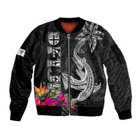Custom Polynesian Fiji Sleeve Zip Bomber Jacket Shark and Hibiscus Tapa Pattern Version LT03 Unisex White - Polynesian Pride