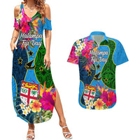 Malampa Fiji Day Couples Matching Summer Maxi Dress and Hawaiian Shirt Tropical Plants Mix Polynesian and Tapa Pattern LT03 Blue - Polynesian Pride