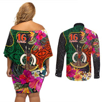 Penama Day Couples Matching Off Shoulder Short Dress and Long Sleeve Button Shirts 16th September Polynesian Pattern with Pacific Flower LT03 - Polynesian Pride