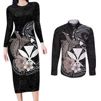 Hawaiian Whale and Kanaka Maoli Symbol Couples Matching Long Sleeve Bodycon Dress and Long Sleeve Button Shirt Hibiscus with Hawaii Map and Polynesian Tattoo Grayscale Color LT03 Black - Polynesian Pride