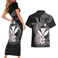 Hawaiian Whale and Kanaka Maoli Symbol Couples Matching Short Sleeve Bodycon Dress and Hawaiian Shirt Hibiscus with Hawaii Map and Polynesian Tattoo Grayscale Color LT03 - Polynesian Pride
