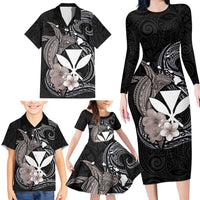 Hawaiian Whale and Kanaka Maoli Symbol Family Matching Long Sleeve Bodycon Dress and Hawaiian Shirt Hibiscus with Hawaii Map and Polynesian Tattoo Grayscale Color LT03 - Polynesian Pride
